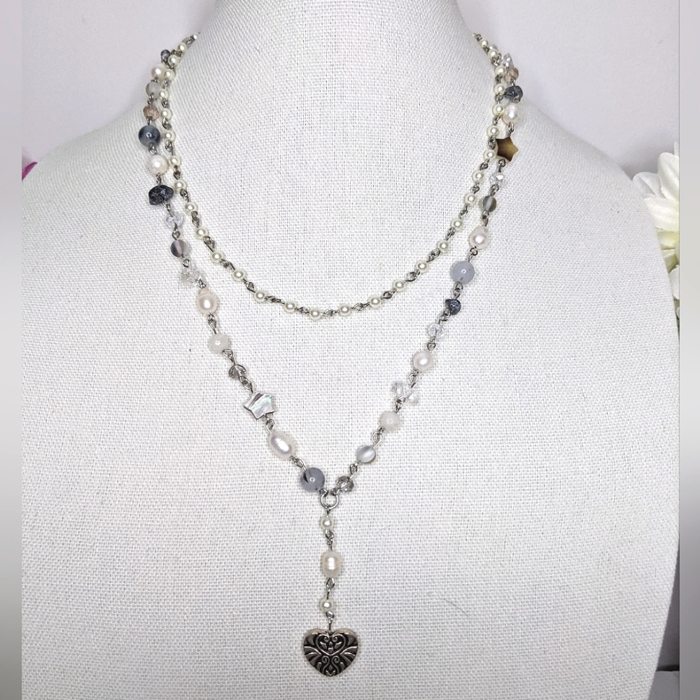 Necklace with pearls and heart pendant colors are gray and white.Handmade by me.